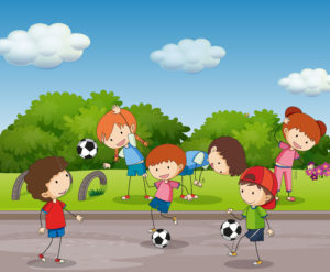 Many kids playing football in the garden illustration